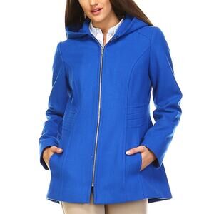 London Fog Women's Wool Hooded Pea Coat Royal Blue XS